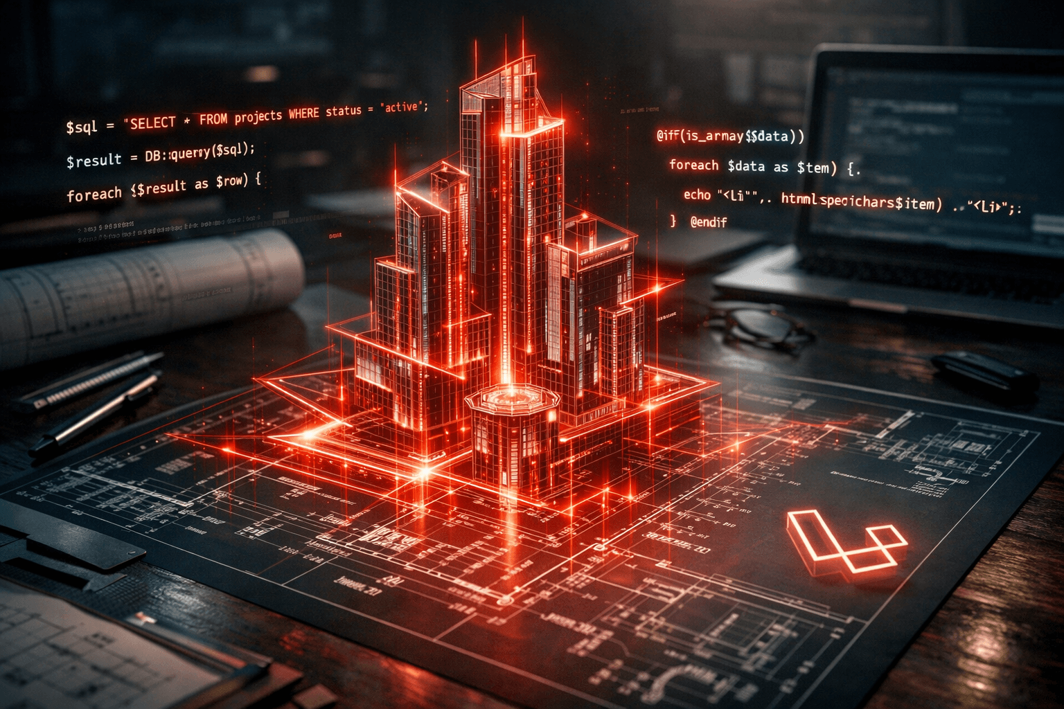 Leuchtender roter Architektur-Bauplan mit PHP-Code-Fragmenten und Laravel-Logo im 3D-Stil.