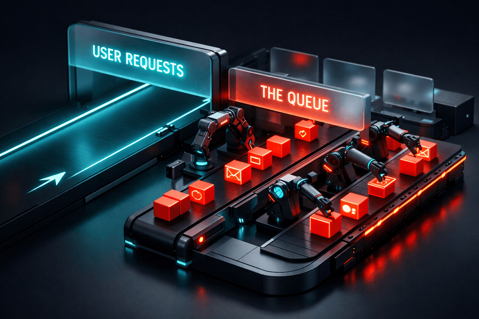 Eine digitale Sortieranlage, die schwere rote Datenblöcke auf ein Neben-Förderband (Queue) auslagert, um den Hauptweg freizumachen.