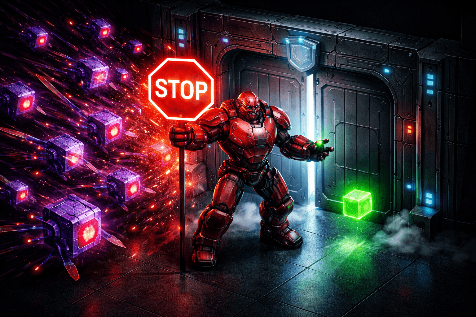 Ein Roboter-Türsteher blockiert Spam-Requests vor dem API-Tor.