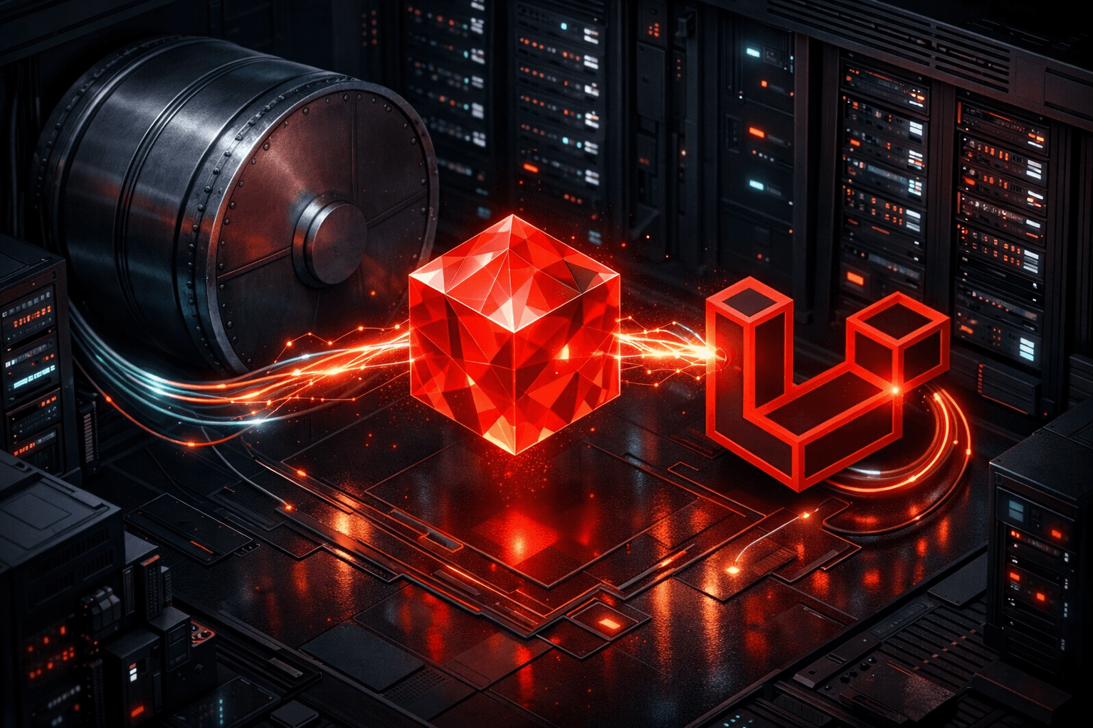 Ein leuchtender Redis-Kristall kommuniziert blitzschnell mit Laravel und entlastet die Datenbank.