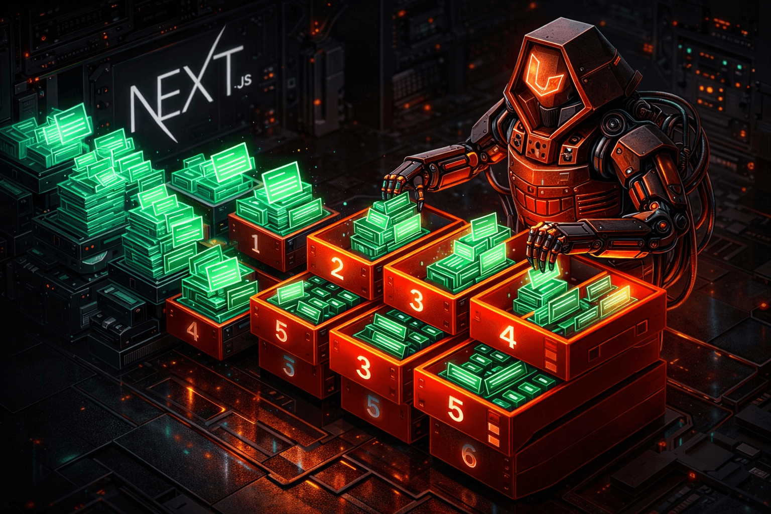 Ein mechanischer Bibliothekar sortiert Daten in nummerierte Redis-Cache-Schubladen.