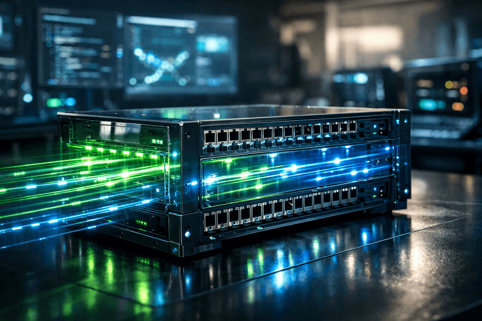 Ein leuchtender Daten-Router symbolisiert die perfekten API-Routen in Laravel 12.