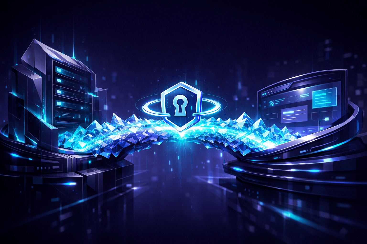 Visuelle Metapher für sichere Authentifizierung. Zwei futuristische Tech-Strukturen sind durch eine leuchtende Kristallbrücke verbunden, über die ein sicheres Token-Symbol ausgetauscht wird. Cyber-Sicherheits-Ästhetik