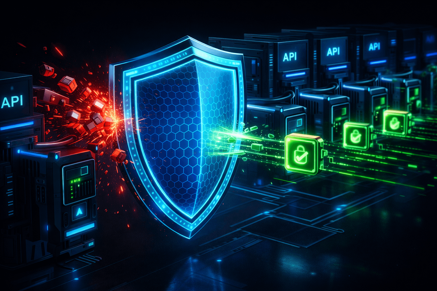 Ein digitales Schutzschild blockiert unautorisierte API-Anfragen.