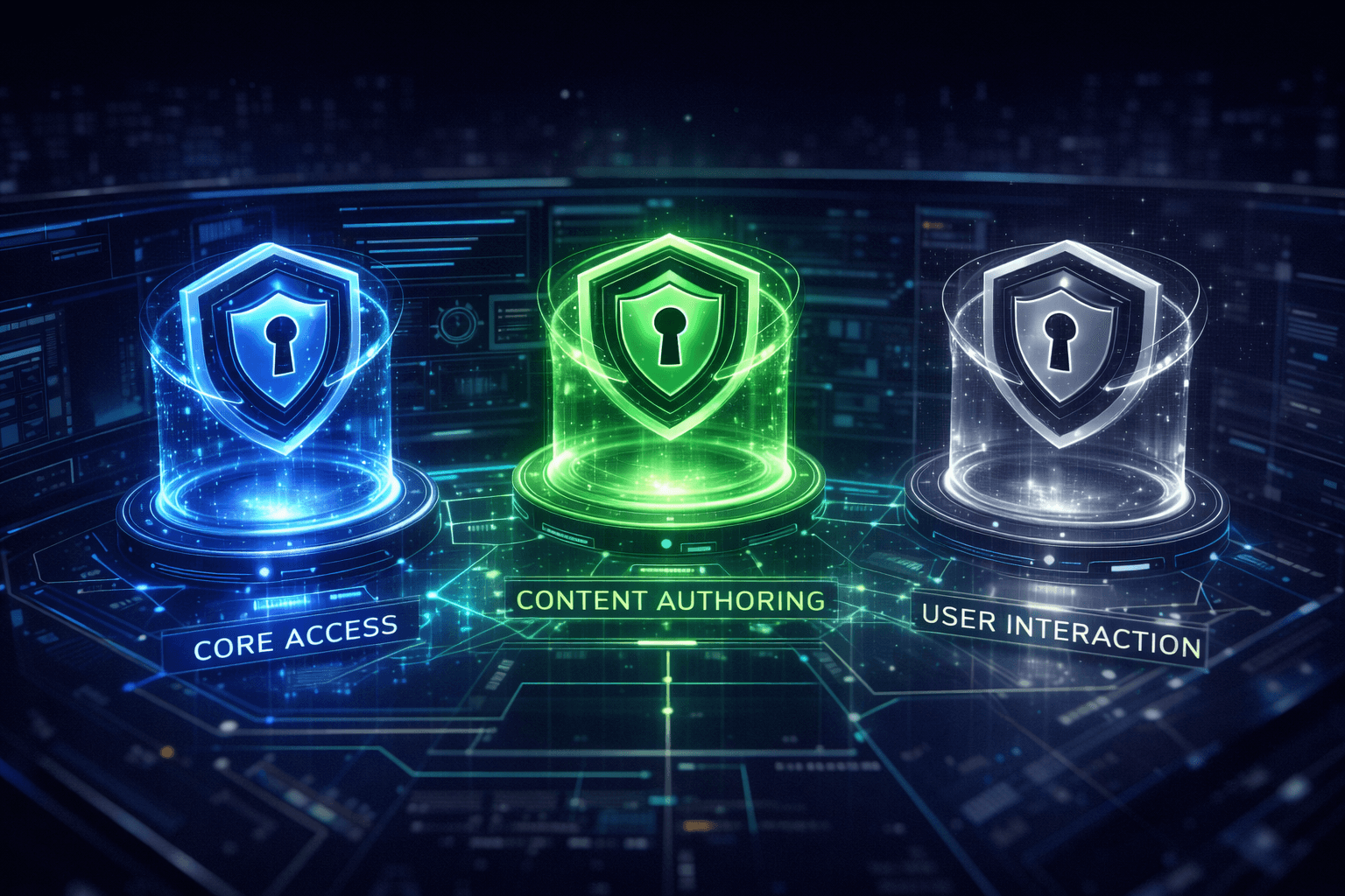 Stilisiertes Sicherheits-Dashboard. Ein holografisches Interface zeigt drei verschiedene Sicherheitsknoten mit unterschiedlichen Farben und Energie-Schilden, die visuell verschiedene Autorisierungsstufen darstellen.