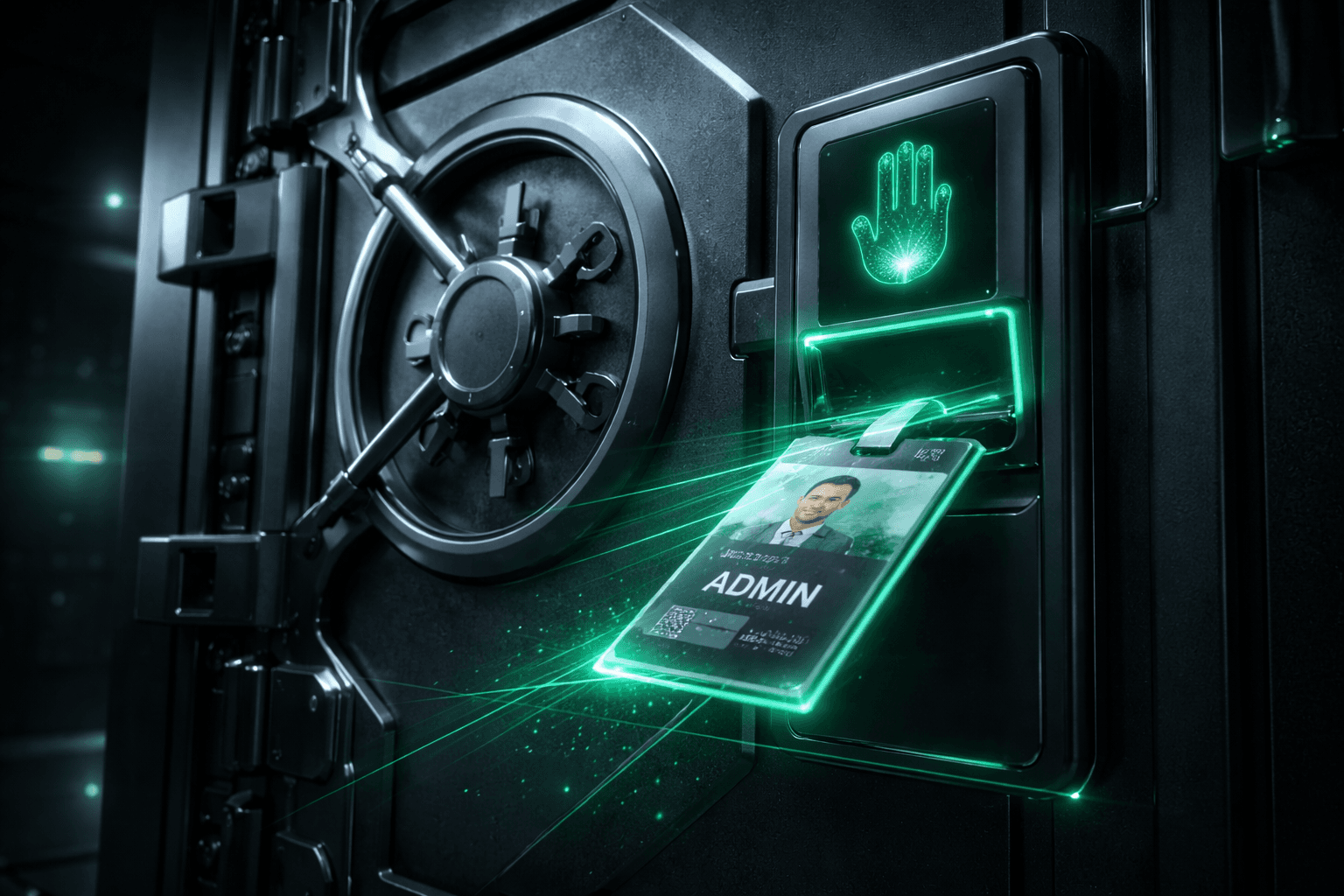 Ein futuristischer Scanner prüft die Admin-Rechte an einer massiven Tresortür.