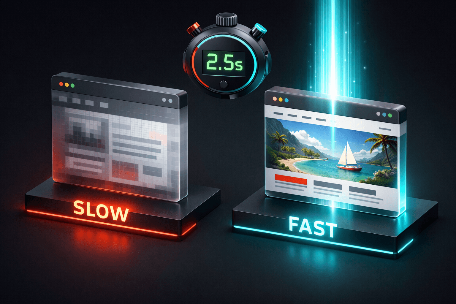 Vergleichsgrafik: Links ein unscharfer Ladezustand (langsam), rechts ein kristallklares Bild (schnell) mit einer grünen Stoppuhr bei 2,5 Sekunden.