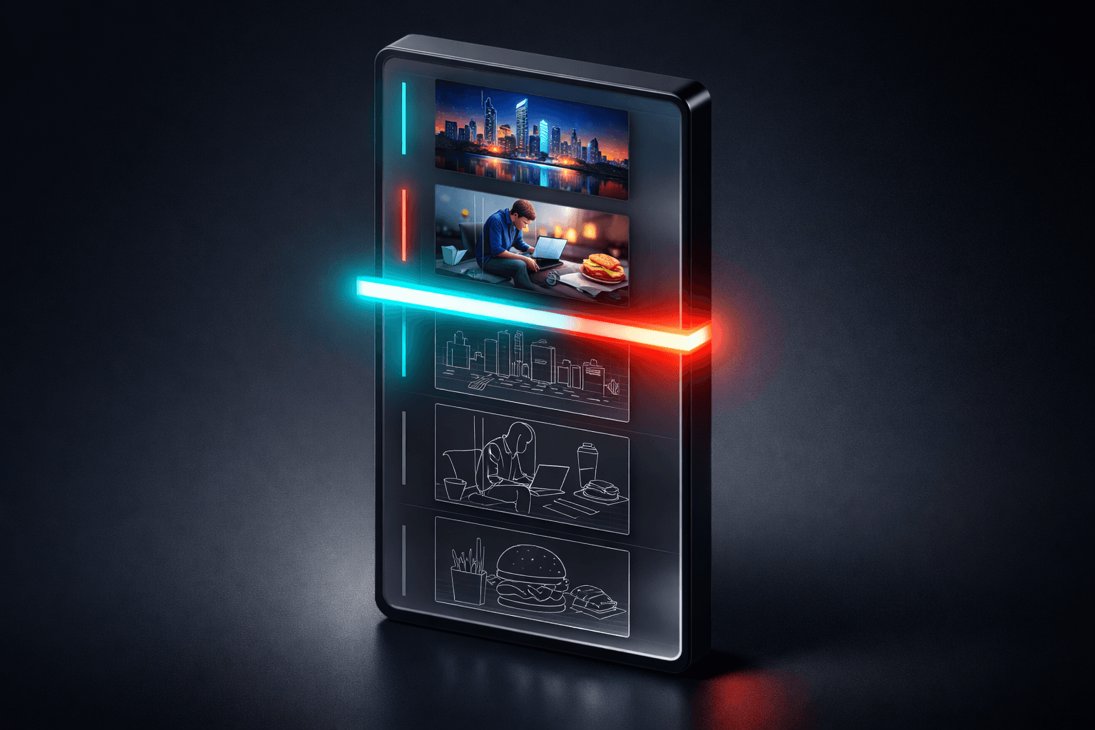 Ein digitaler Scanner fährt über eine Website: Oben sind Bilder geladen (bunt), unten warten sie noch als Gittermodell.