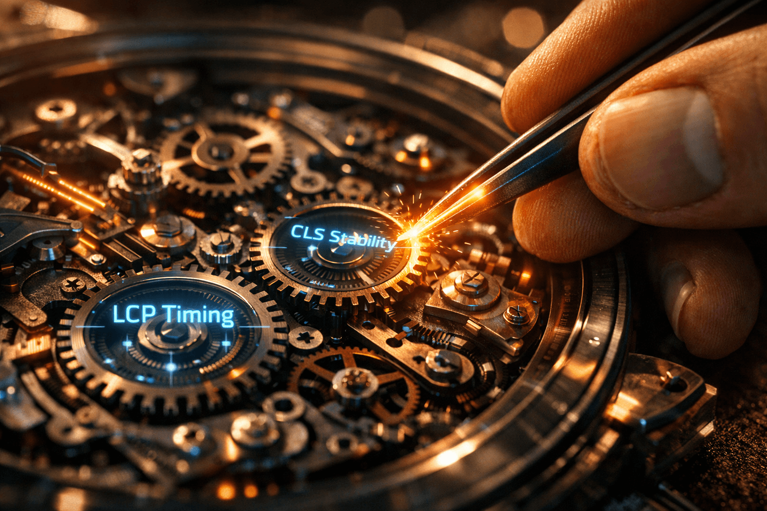 Makroaufnahme eines Uhrmachers, der mit einer Pinzette feine digitale Zahnräder justiert.