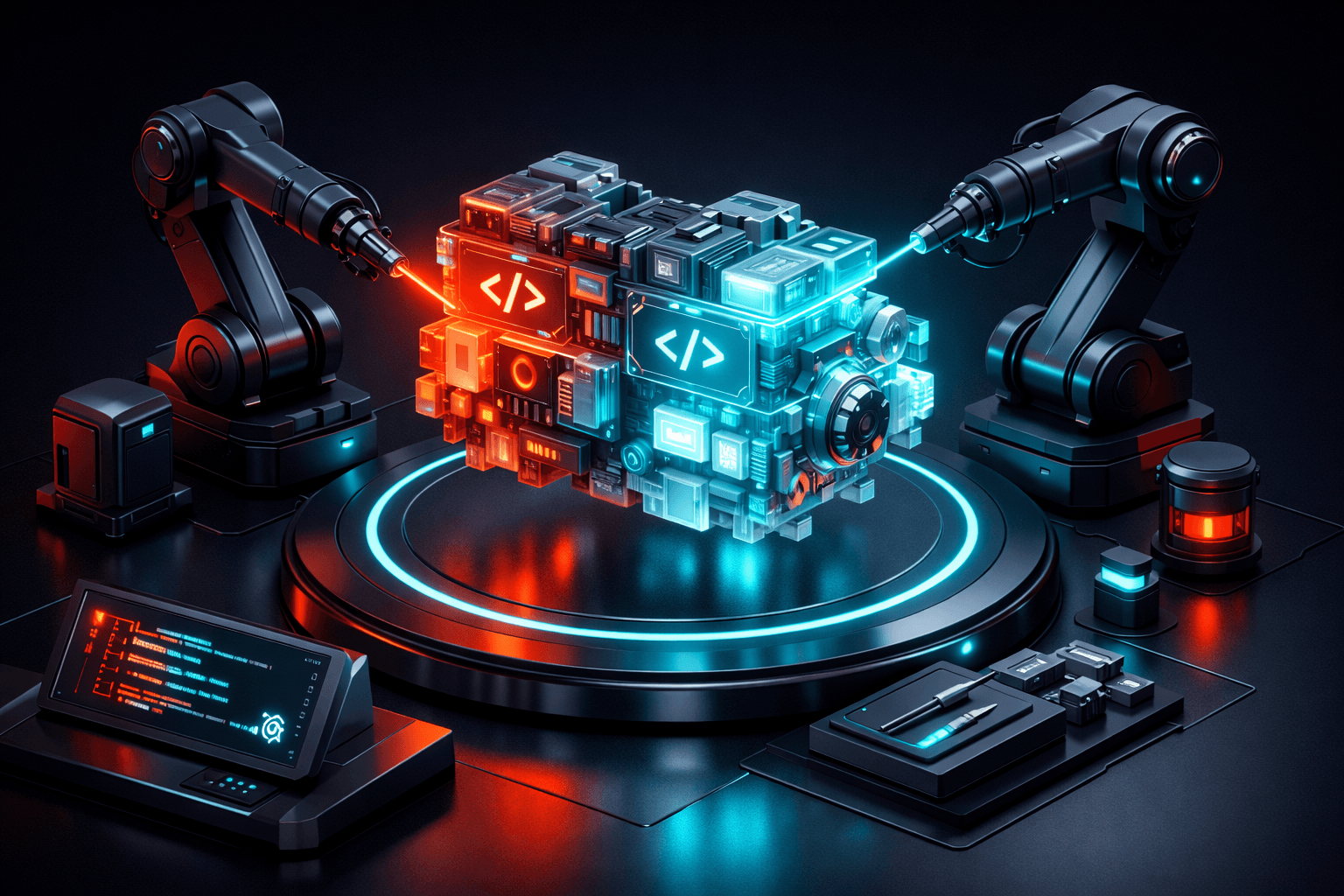 Futuristische Reparaturwerkstatt, in der Roboterarme einen glühenden Website-Motorblock tunen und optimieren.