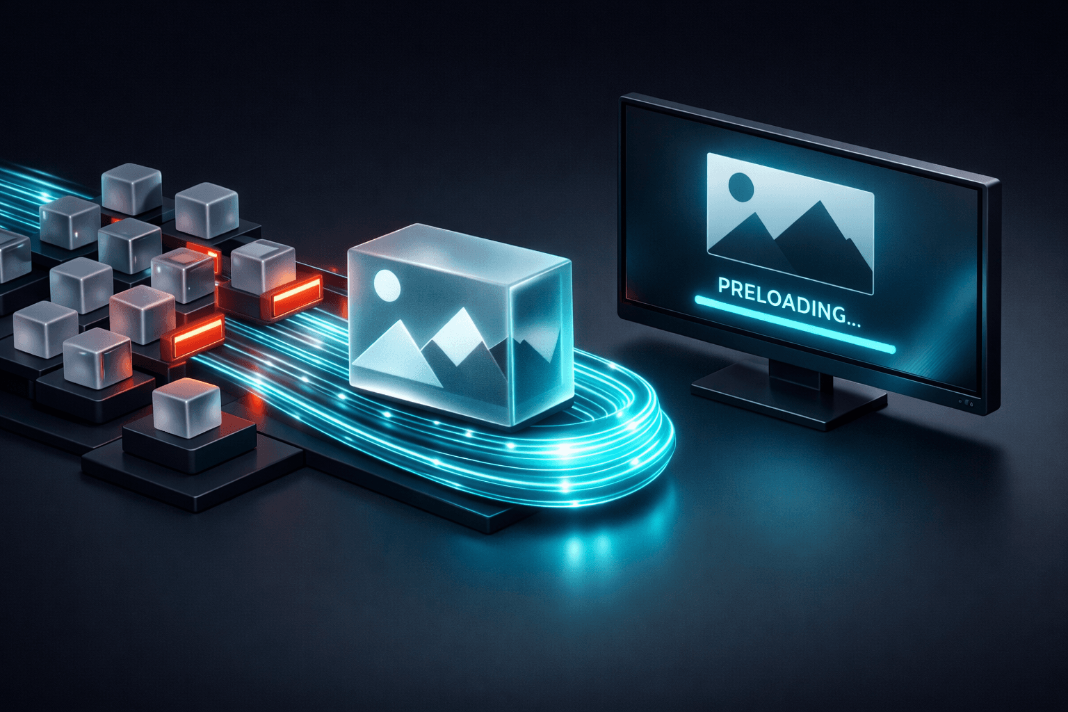 Daten-Visualisierung: Ein wichtiges Datenpaket (LCP) nutzt eine leuchtende Überholspur, um Staus zu umgehen.