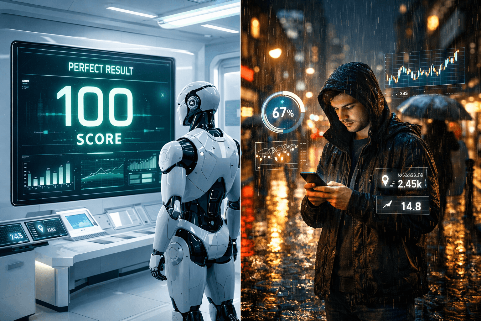 Vergleich zwischen einem Roboter im sterilen Labor und einem Smartphone-Nutzer im Regen auf der Straße.