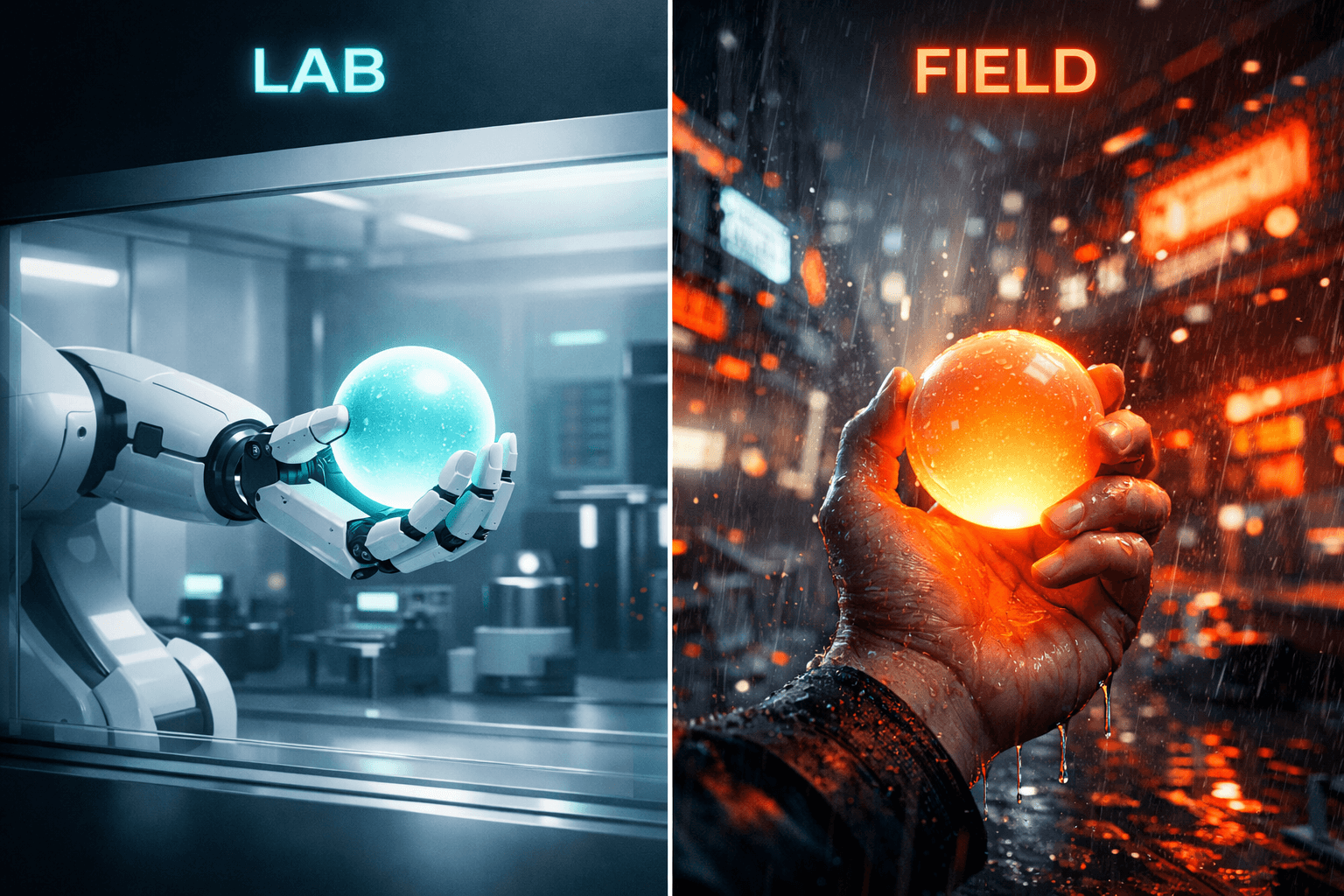 Geteilter Bildschirm: Links ein steriler Labortest mit Roboterarm (Lighthouse), rechts eine Hand mit Smartphone im Regen (Reale Daten).