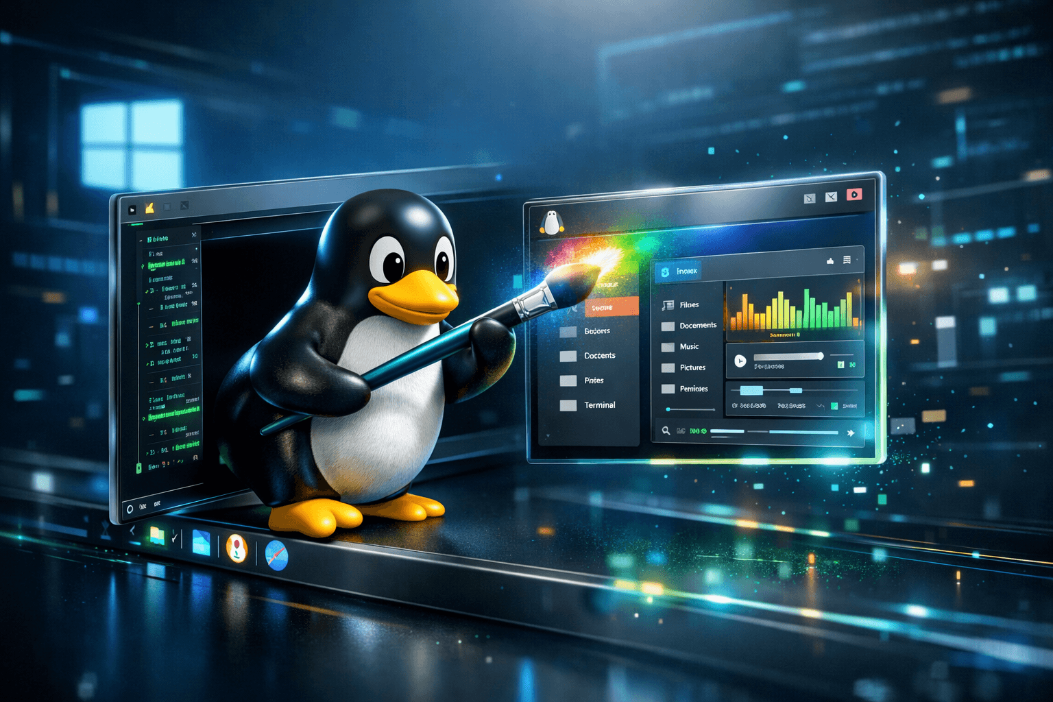 Linux Pinguin malt auf Windows Desktop Leinwand
