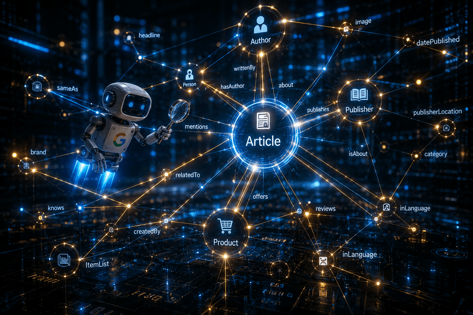 Ein Googlebot navigiert durch einen eng vernetzten Knowledge Graph aus strukturierten JSON-LD Daten.