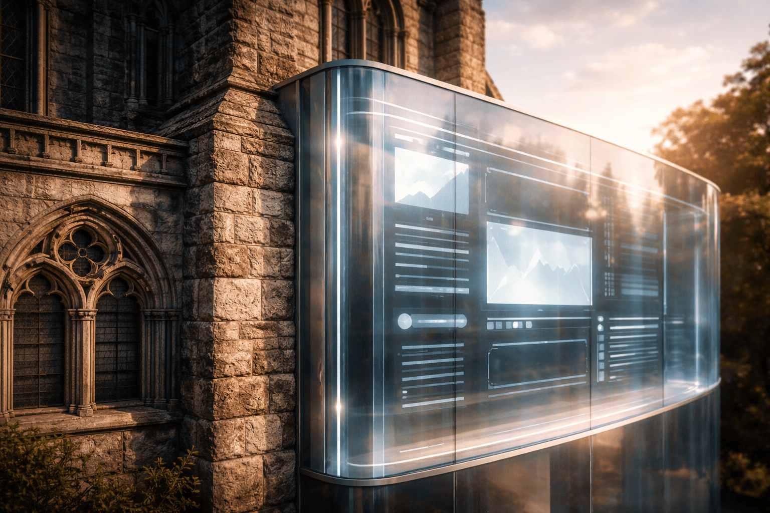 Photorealistische Darstellung eines ehrwürdigen alten Steingebäudes, dessen Kern bestehen bleibt, aber von einer ultramodernen, leuchtenden LED-Fassade umgeben wird – Symbol für altes CMS mit neuem Frontend.