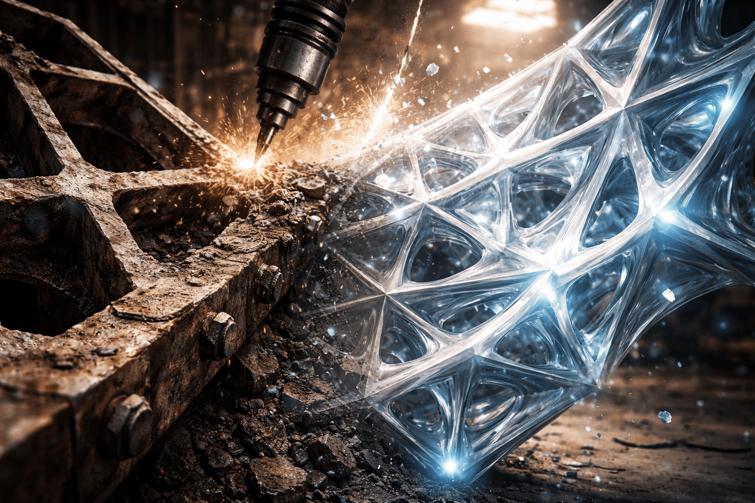 Photorealistische Makroaufnahme einer rostigen, klobigen Stahlkonstruktion, die schrittweise in eine filigrane, leuchtende, geometrische Kristallskulptur verwandelt wird – Symbol für CSS-Refactoring.