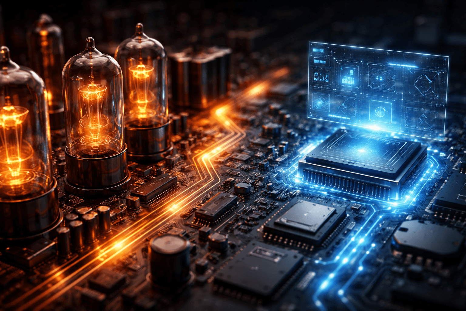Photorealistische Makroaufnahme einer hybriden Platine: Antike, glühende Vakuumröhren (PHP) interagieren über leuchtende Datenbahnen mit einer futuristischen, holografischen Glas-Schnittstelle (JS).