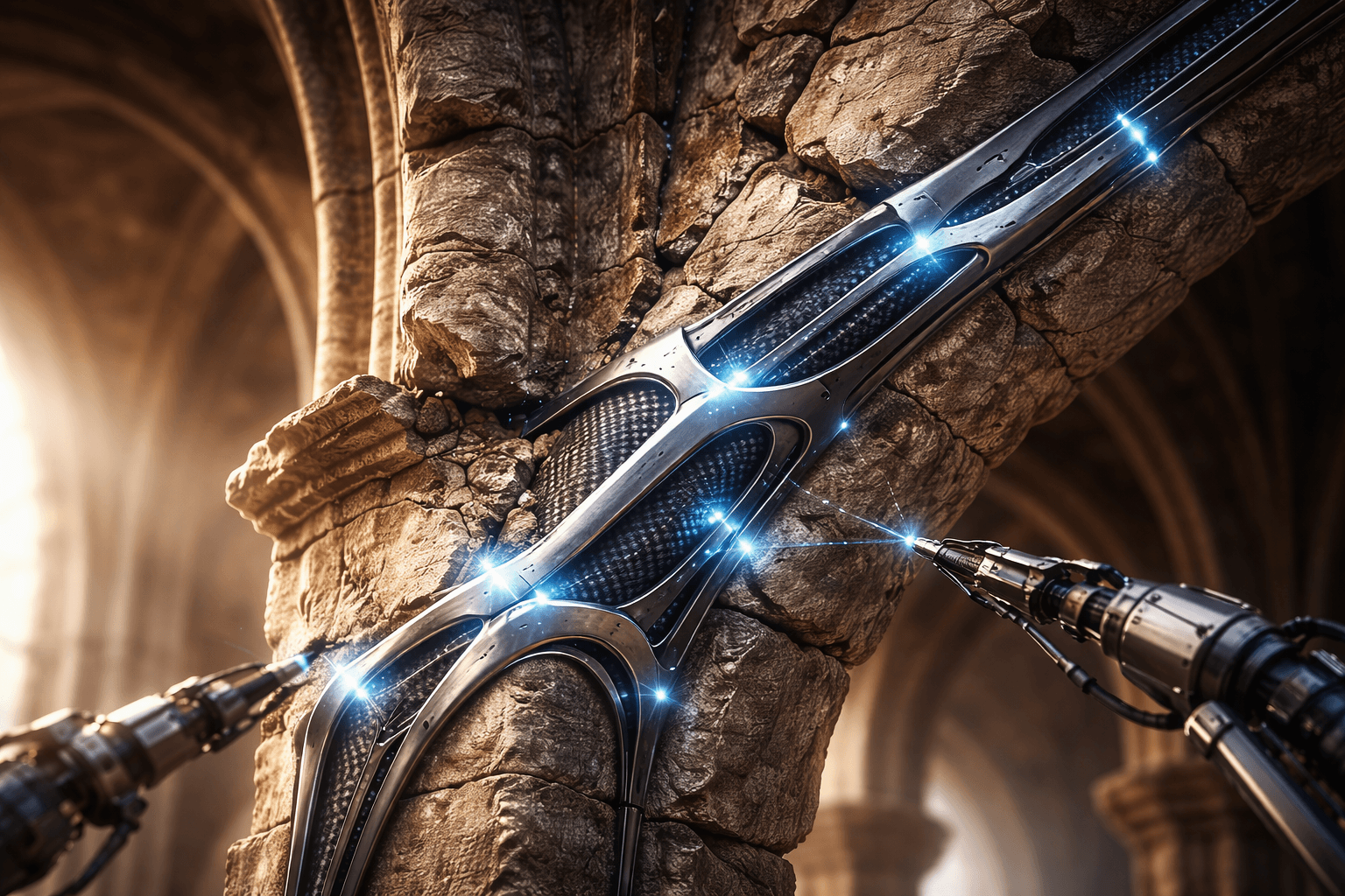 Photorealistische Darstellung eines alten, rissigen Steinbogens, der von einem modernen, leuchtenden Kohlefaser- und Titan-Exoskelett umschlossen und stabilisiert wird – Symbol für Code-Sicherheit.