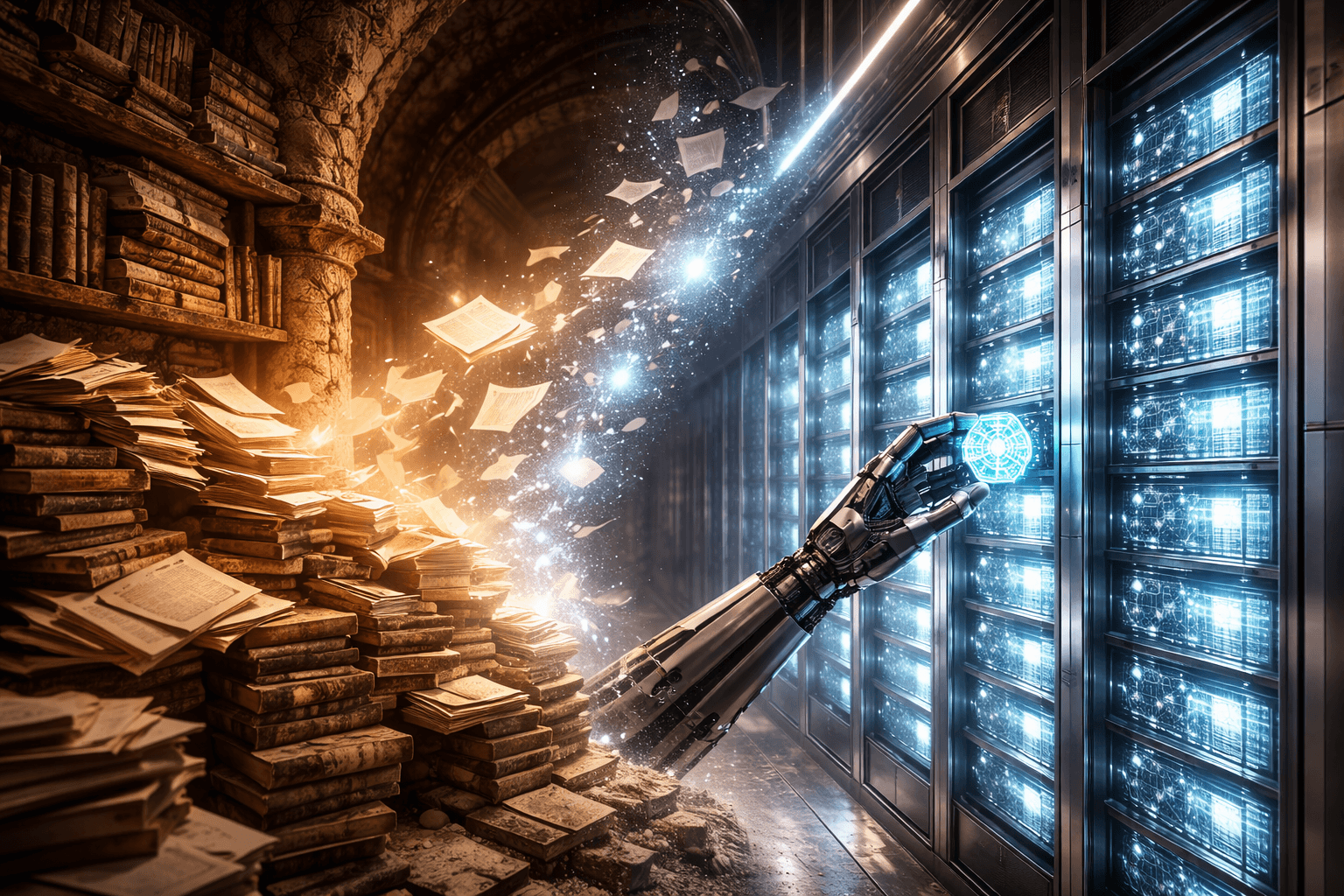 Photorealistische Darstellung eines chaotischen alten Archivgewölbes, dessen staubige Akten in leuchtende, geordnete holografische Datenwaben umgewandelt werden – Symbol für Datenbank-Refactoring.