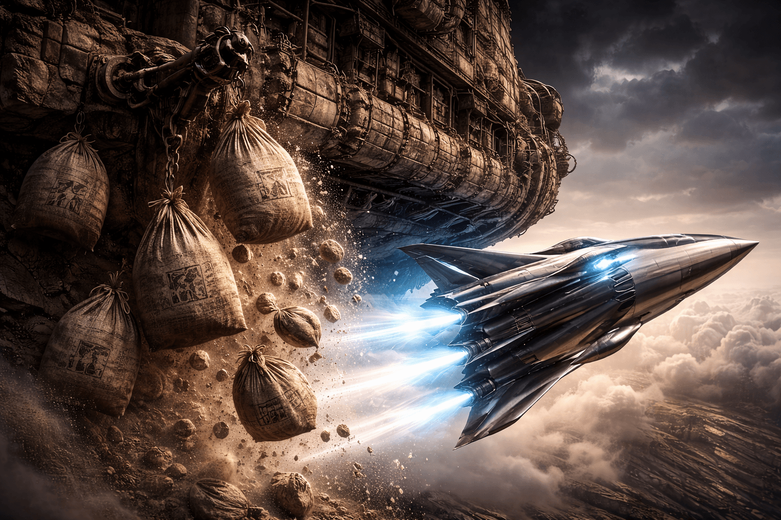 Photorealistische Darstellung eines massiven, antiken Luftschiffs, das tonnenweise schweren Ballast über Bord wirft und dabei ein ultraschnelles, leuchtendes High-Tech-Flugzeug darunter enthüllt – Symbol für Web-Performance-Optimierung.