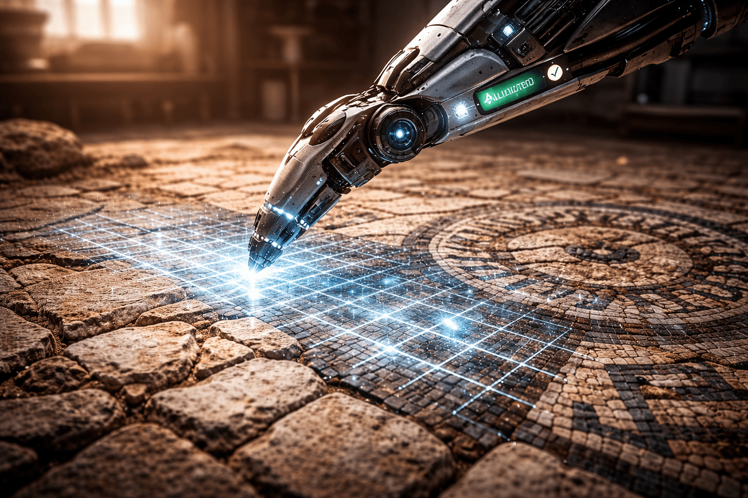 Photorealistische Darstellung eines präzisen Roboter-Schnittstellen-Scanners, der einen uralten, brüchigen Mosaikboden mit einem holografischen Gitter prüft, ohne ihn zu berühren – Symbol für Regressions-Testing.