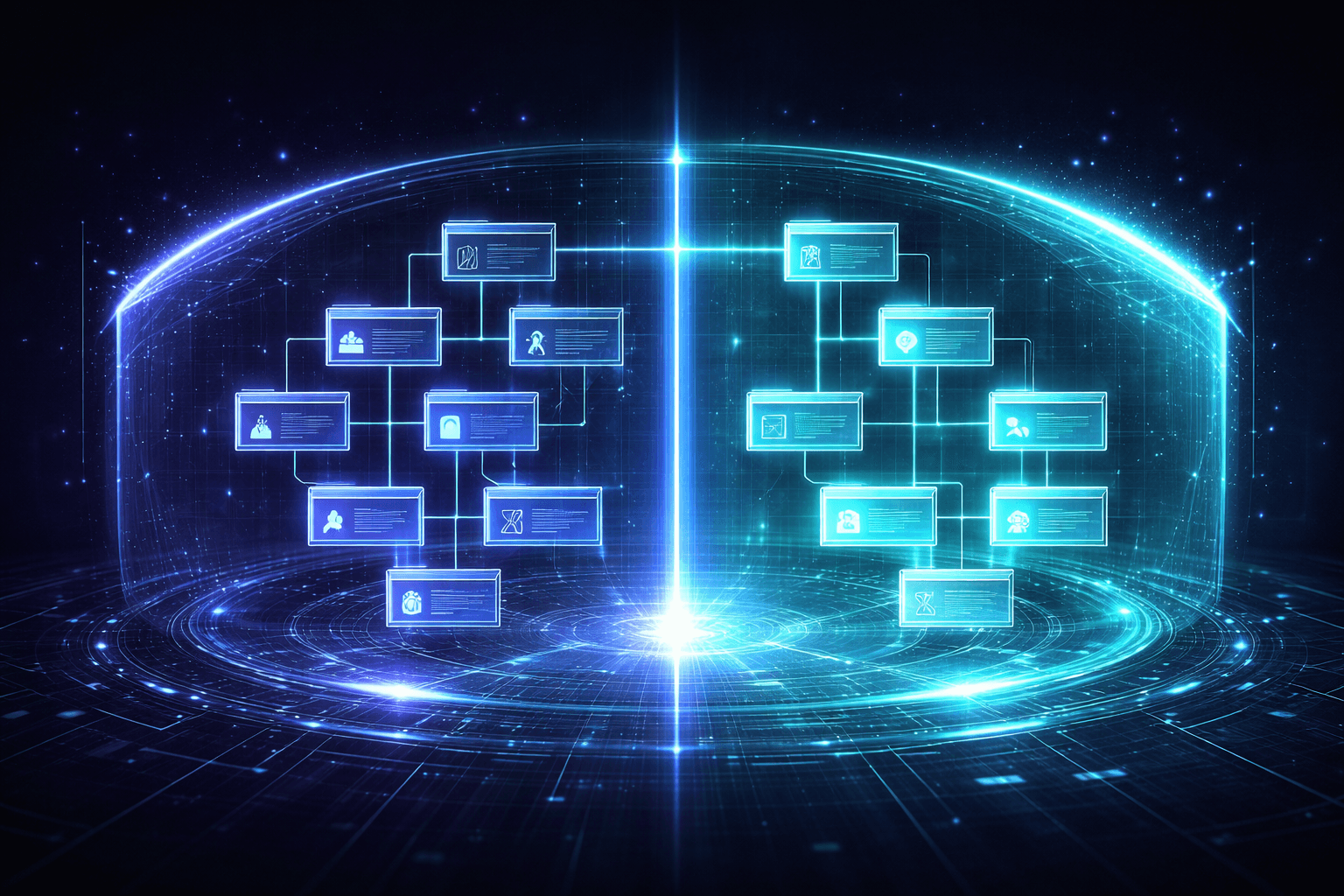 Schwebender, holografischer Bauplan im digitalen Leerraum. Ein konzeptioneller Dateibaum ist geteilt: Eine Seite (blau, schützend) für 'Admin', die andere (heller, offen) für 'Öffentlicher Blog'.