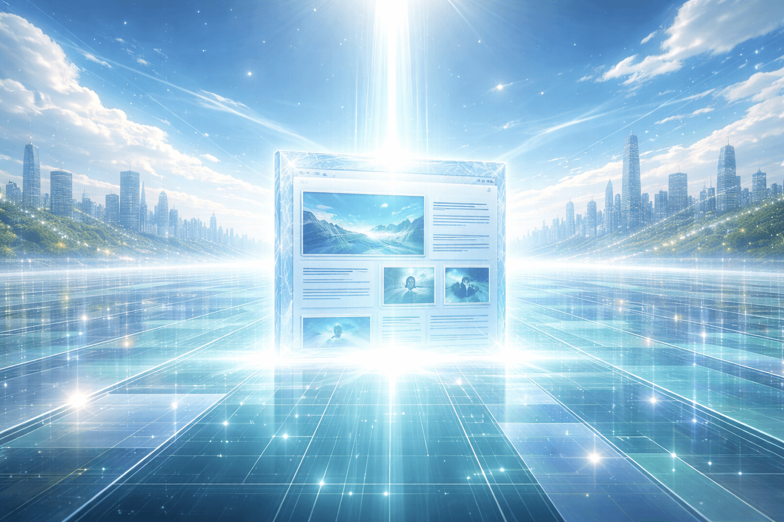 Hell erleuchtete digitale Landschaft. Eine kristalline Struktur, die eine gerenderte Webseite darstellt, wird von einem Lichtstrahl eines Suchmaschinen-Crawlers getroffen.