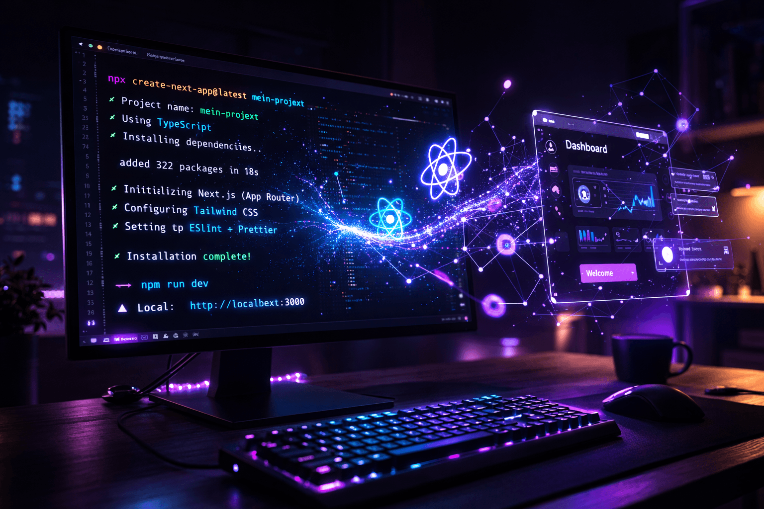 Kommandozeile mit Next.js Installation und leuchtenden React-Symbolen