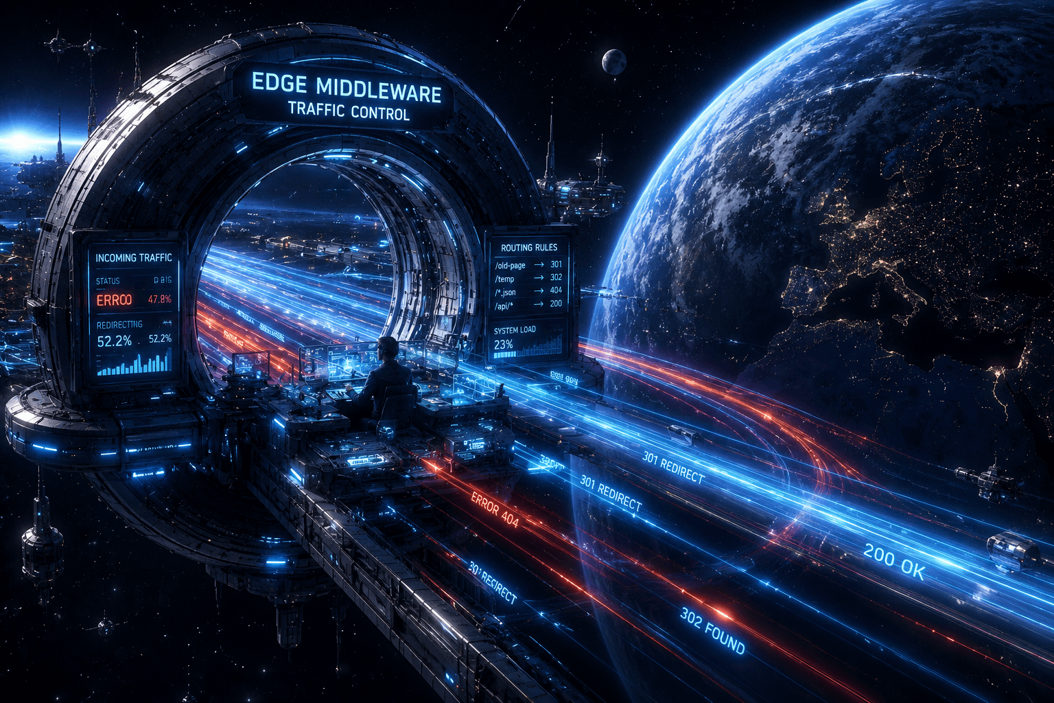 Die Next.js Edge Middleware fängt den Traffic ab und leitet Anfragen um, bevor sie den Server erreichen.