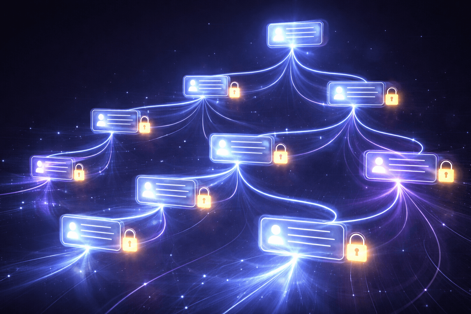 Konzeptionelle 3D-Visualisierung eines Diskussionsfadens. Leuchtende Knotenpunkte sind durch verzweigte Neonlinien in einer verschachtelten Hierarchie verbunden, teils mit Schloss-Symbolen.
