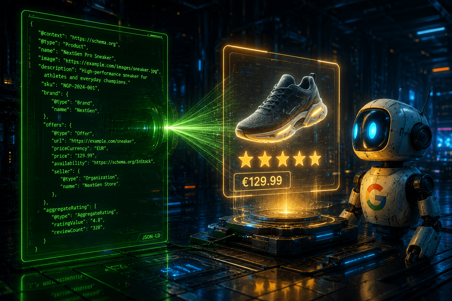 Ein JSON-Code verwandelt sich in ein Produkt-Hologramm mit Bewertungssternen für Google Rich Snippets.