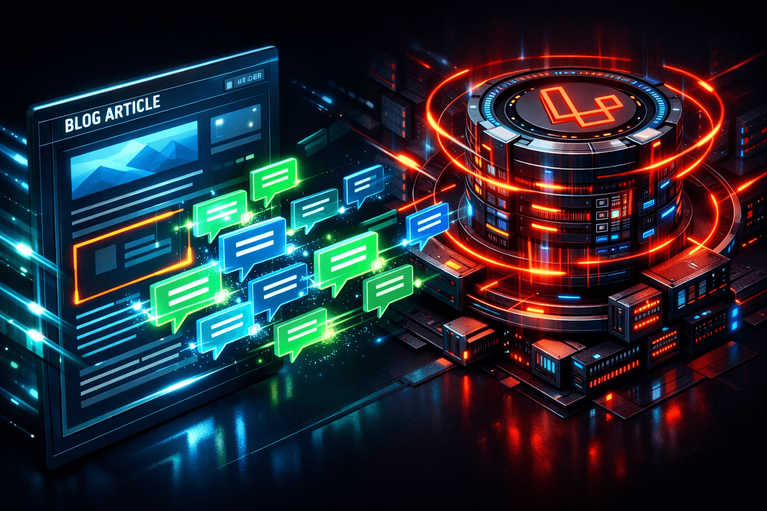 Leuchtende Sprechblasen docken rasend schnell an einen Next.js Blog-Artikel an.