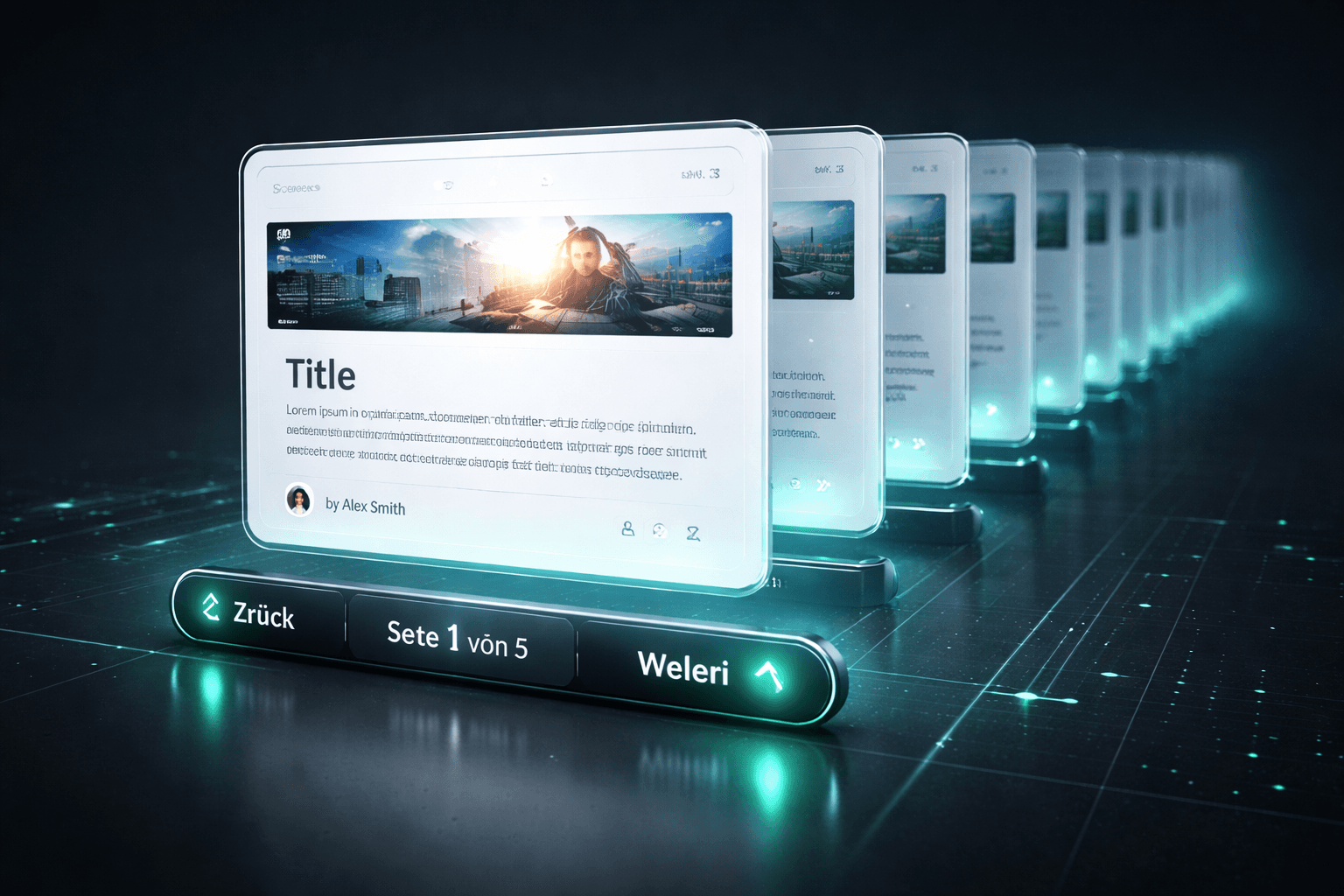 Elegante UI-Elemente für eine Paginierung mit schwebenden Inhaltskarten im Hintergrund.