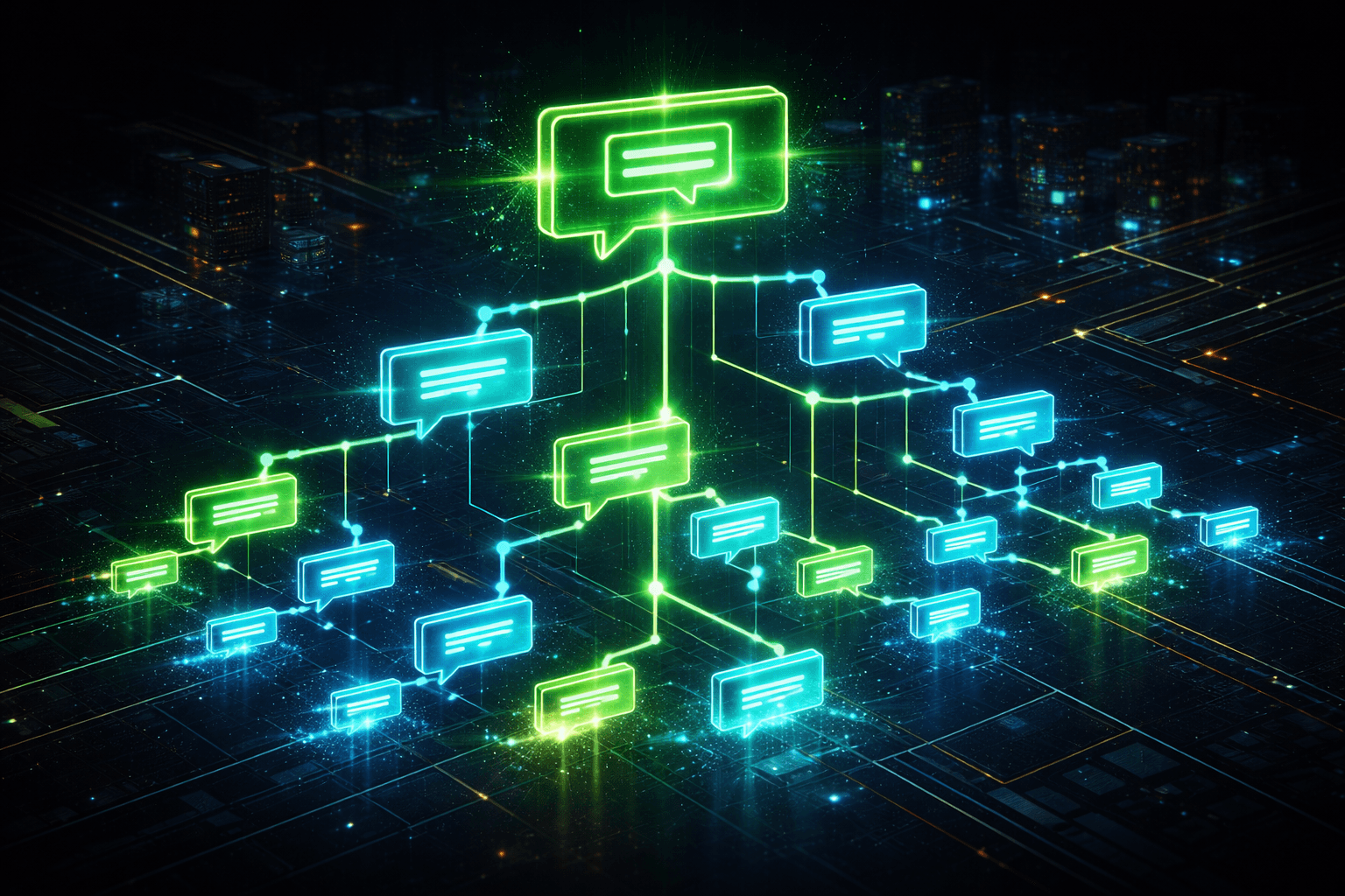 Eine leuchtende Baumstruktur zeigt verschachtelte Kommentare in einer Web-Applikation.