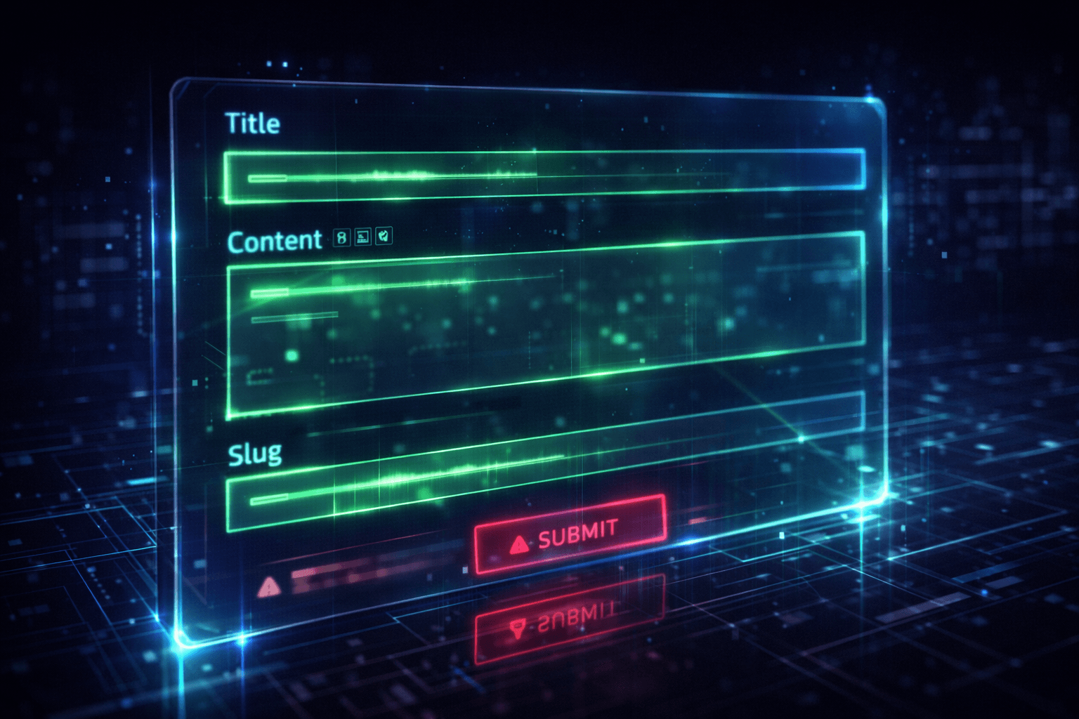 Schlanke, holografische Benutzeroberfläche eines Artikel-Editors. Formularfelder für Titel und Inhalt haben dezente, grüne Validierungspulse und rote Fehlermeldungen in der Nähe eines Submit-Buttons.