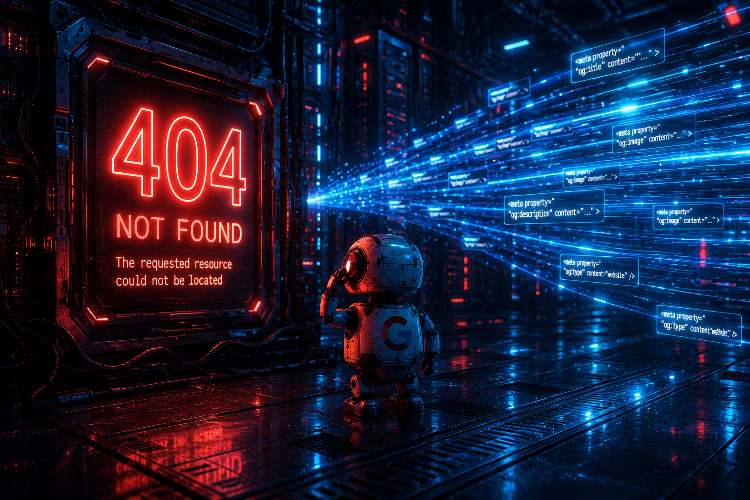Ein Googlebot steht vor einem 404-Fehler, während daneben Streaming-Daten fließen.
