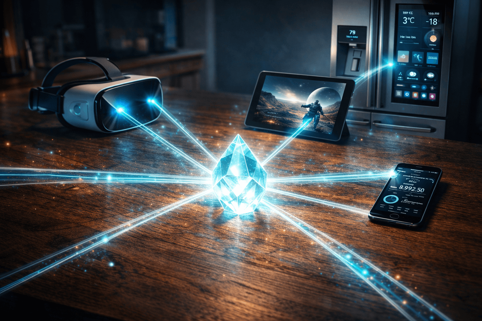 Ein zentraler leuchtender Würfel, der Lichtstrahlen auf verschiedene Endgeräte im Raum wirft.