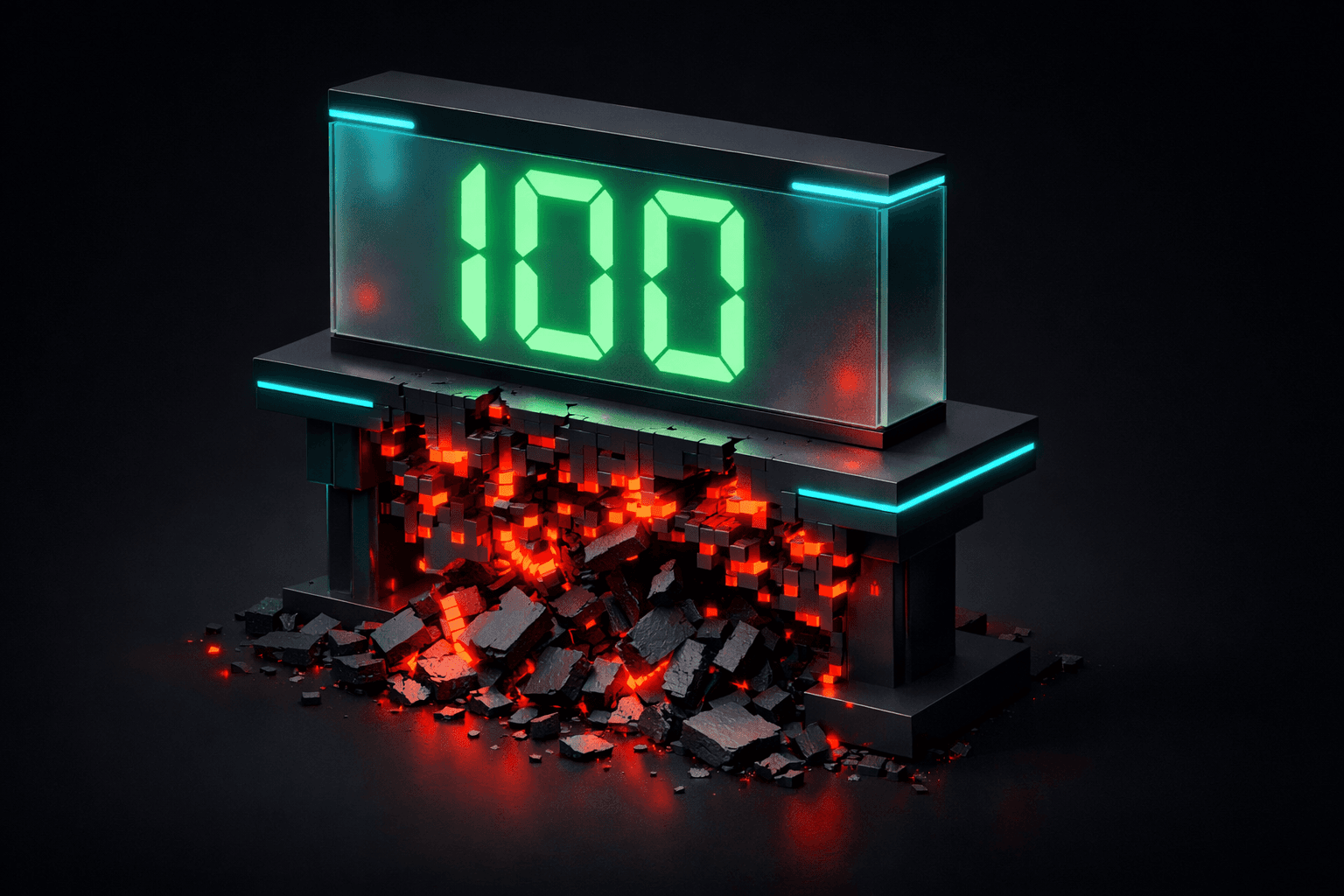 Eine große Anzeigetafel zeigt einen grünen Score von 100, aber das Fundament darunter bröckelt und zeigt Fehler an.