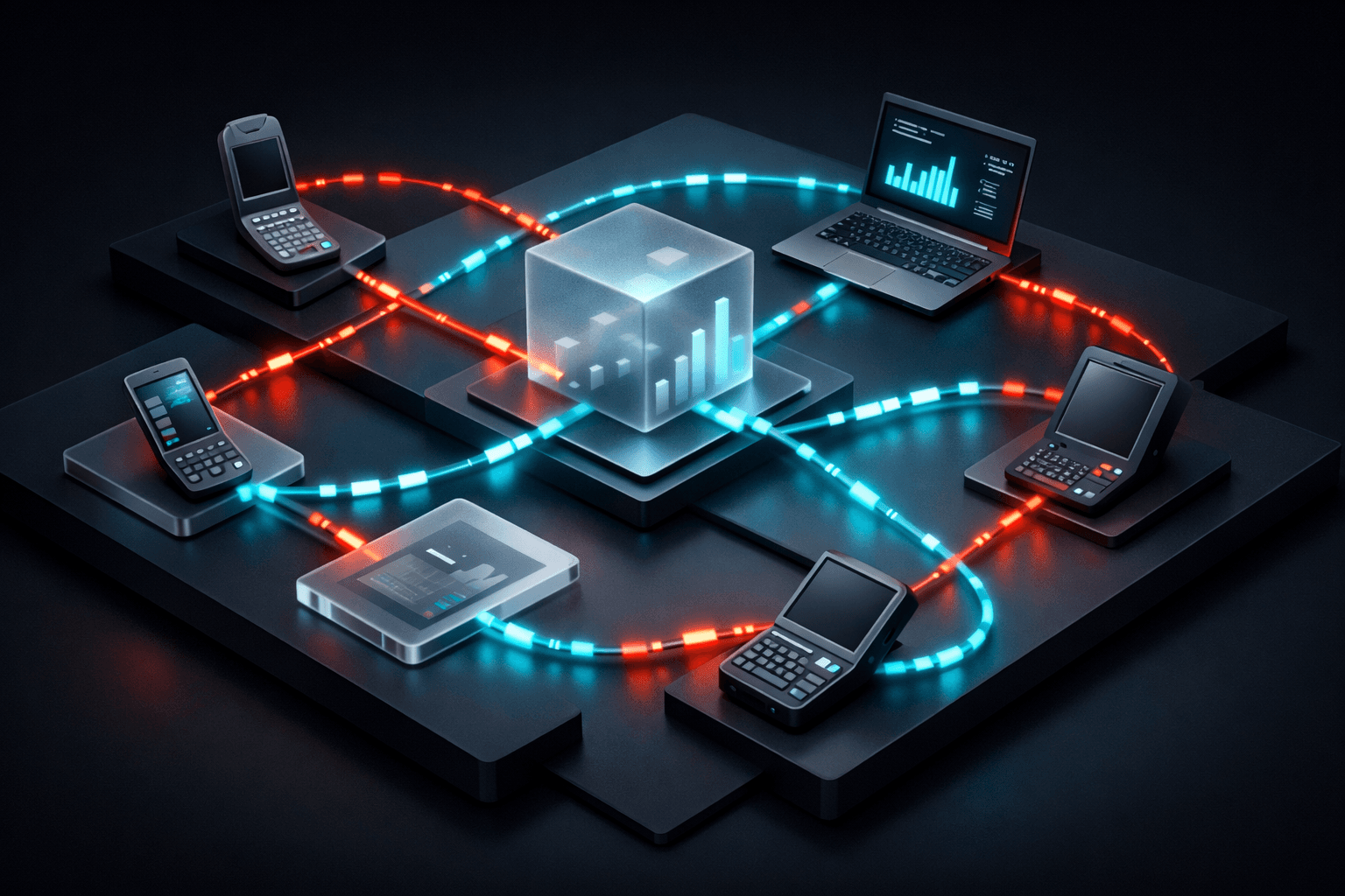 Netzwerk-Visualisierung mit vielen verschiedenen Geräten (Handy, Laptop), die mit unterschiedlichen Geschwindigkeiten verbunden sind.