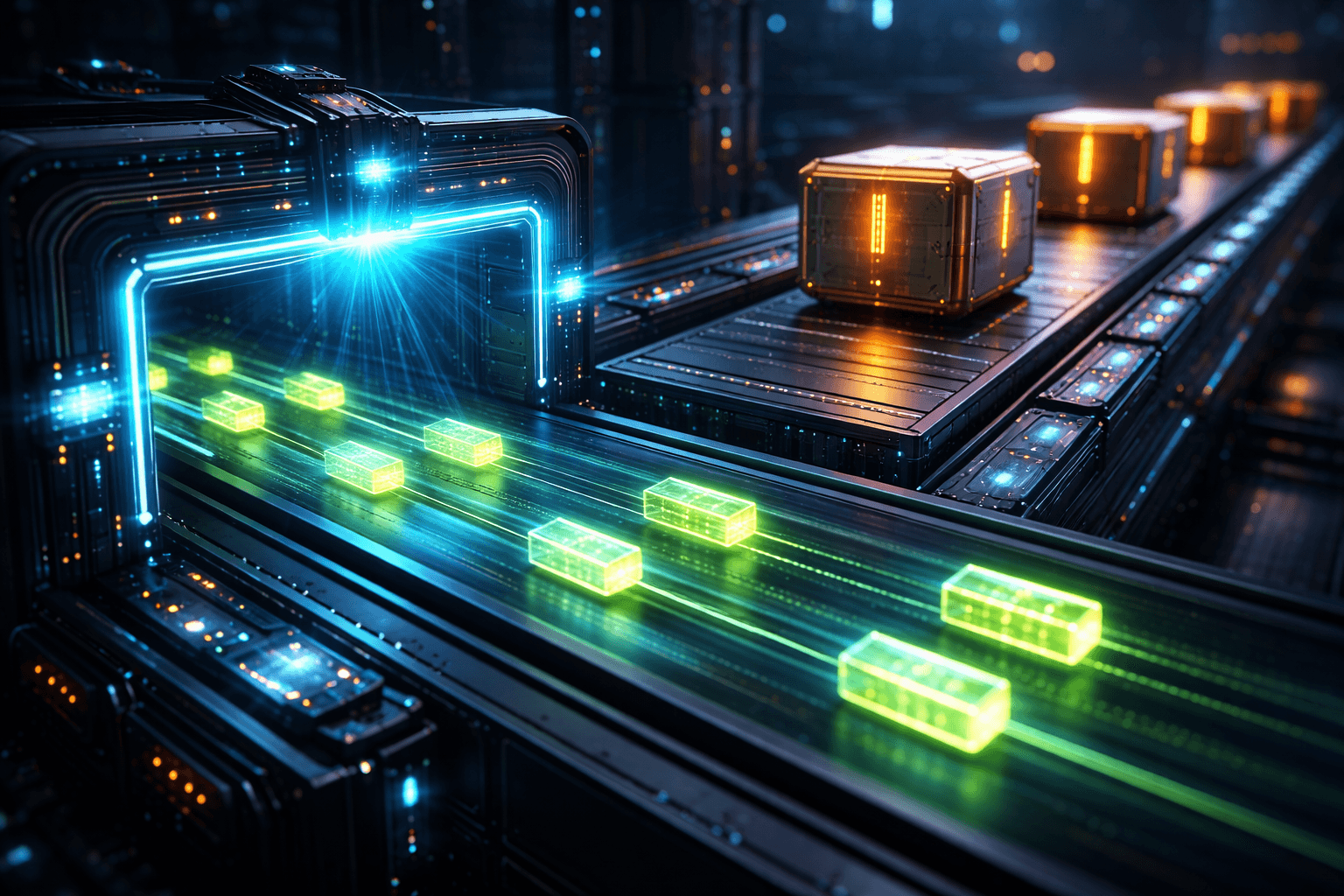 Ein leuchtendes Förderband in einer Fabrik. Schnelle, kleine Pakete rasen sofort durch, während große, schwere Kisten auf einem parallelen Band langsam hinterherrollen.