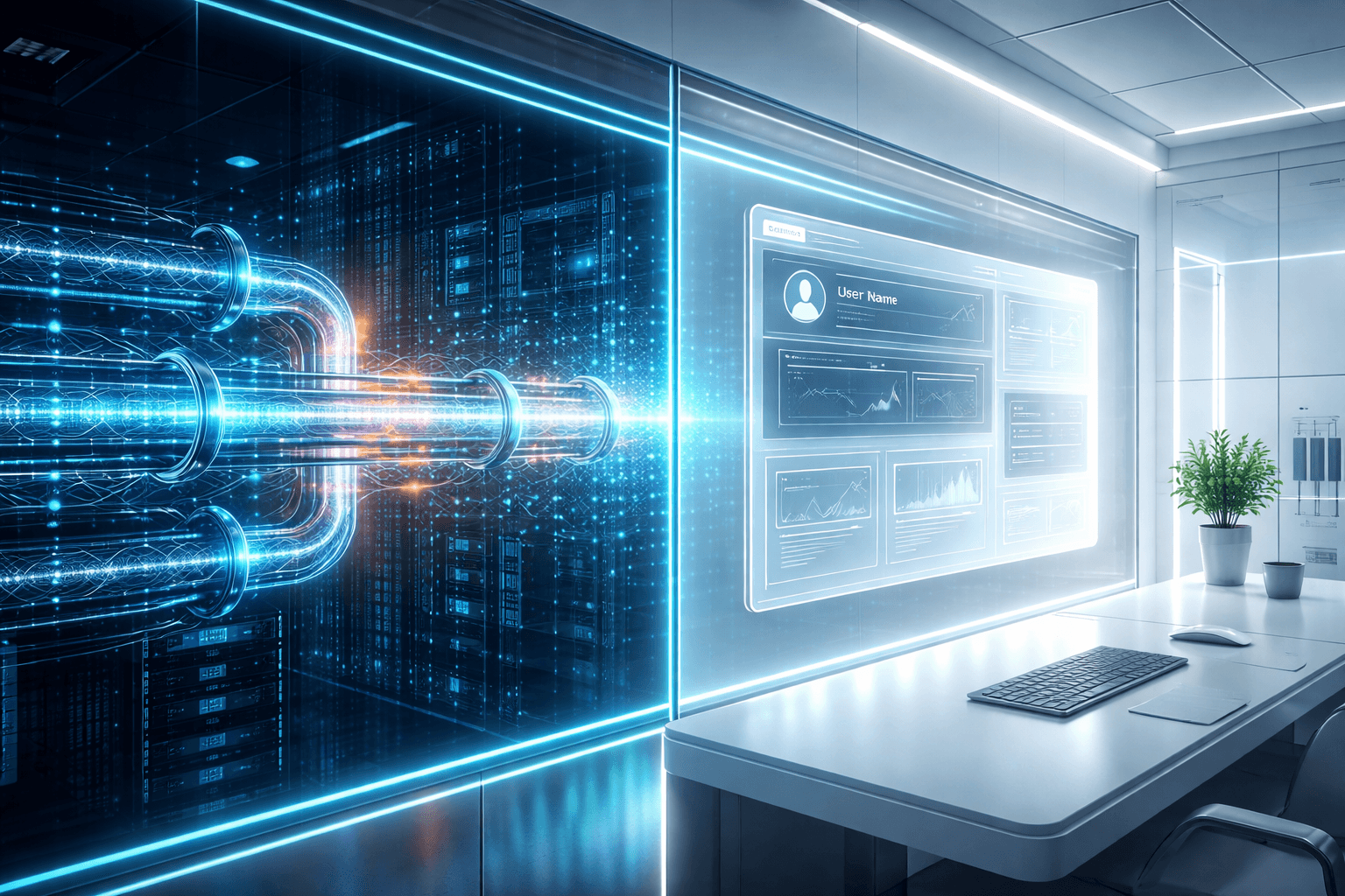Eine saubere, leuchtende Daten-Pipeline, die durch eine dicke Glasscheibe strikt von einer modernen Benutzeroberfläche getrennt ist.