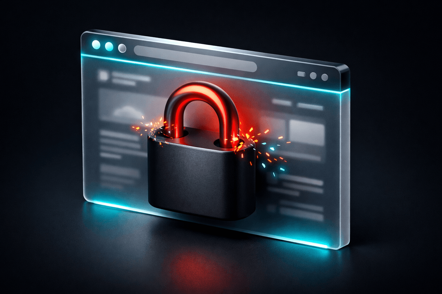 3D-Illustration eines Webbrowsers, vor dem ein leuchtendes Schloss schwebt, das das Laden des Inhalts blockiert.