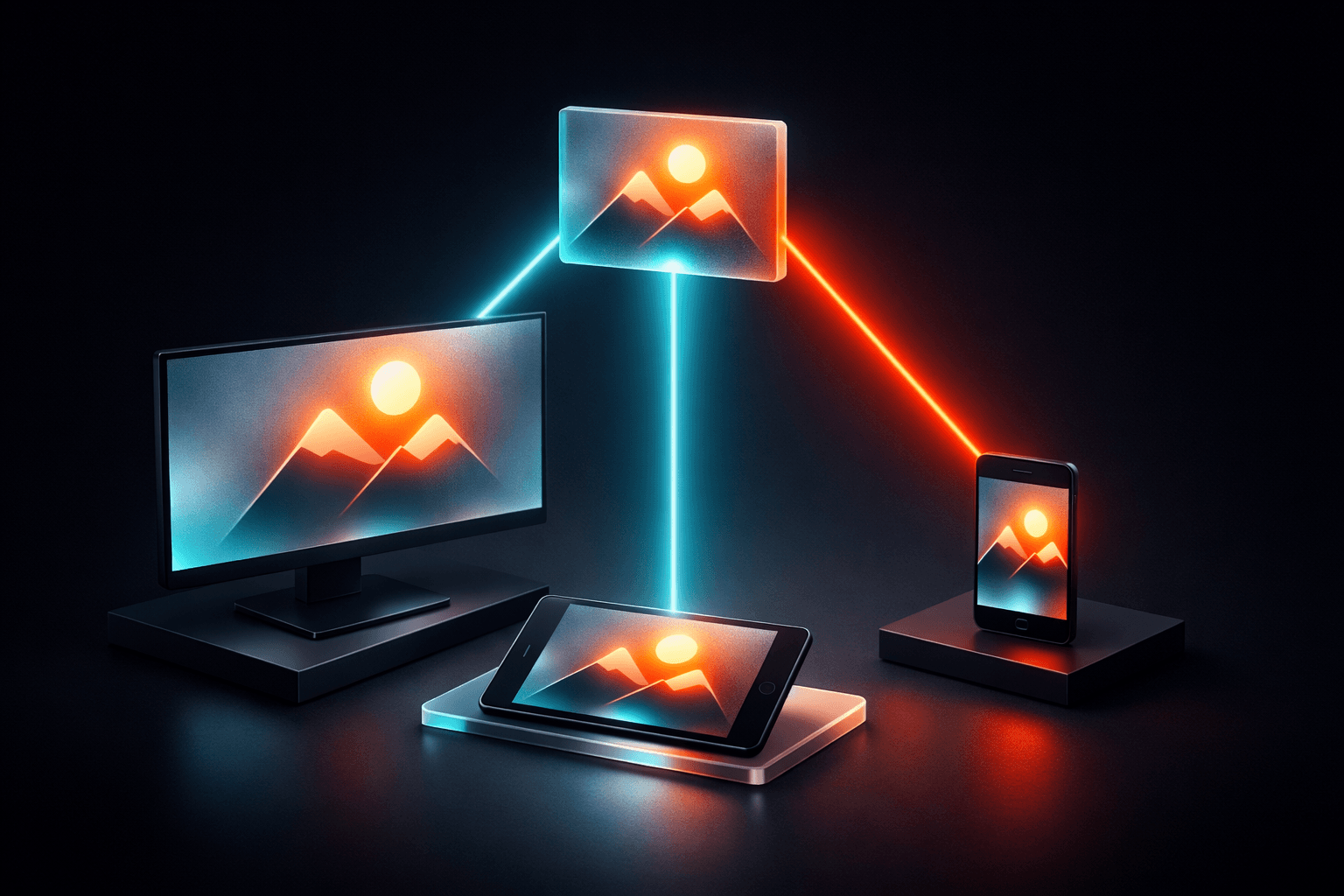 Ein Bild teilt sich in drei Lichtstrahlen auf und passt sich perfekt an Desktop, Tablet und Smartphone an.