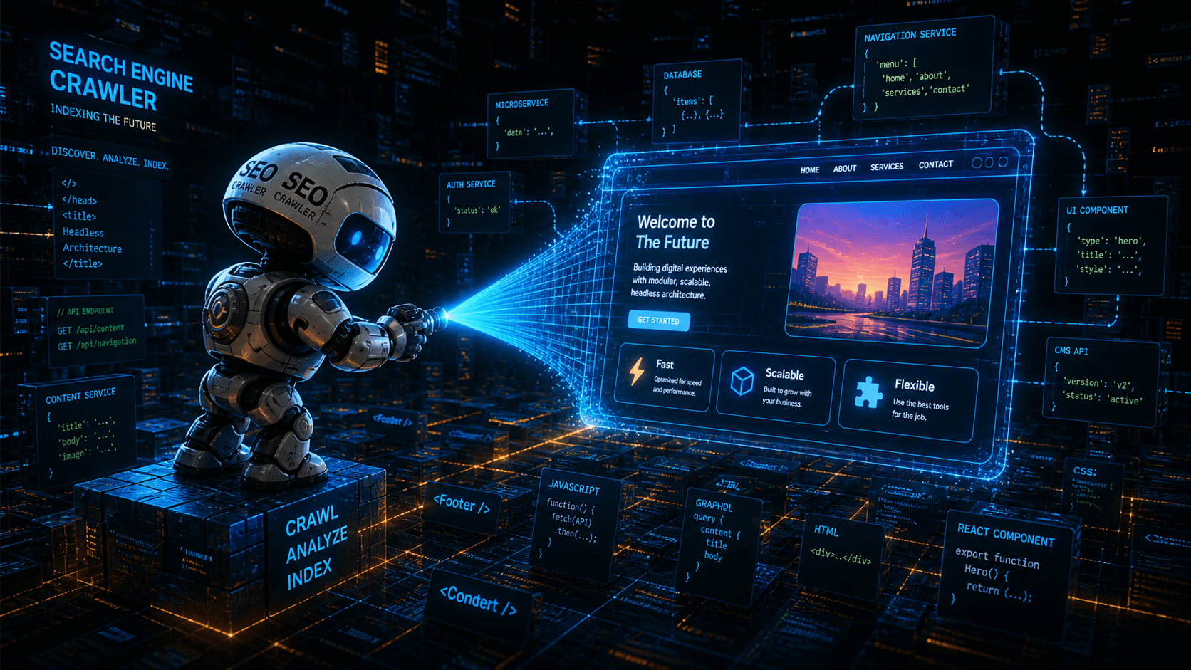 Ein futuristischer Roboter scannt als Googlebot ein komplexes, schwebendes JavaScript-Code-Labyrinth.