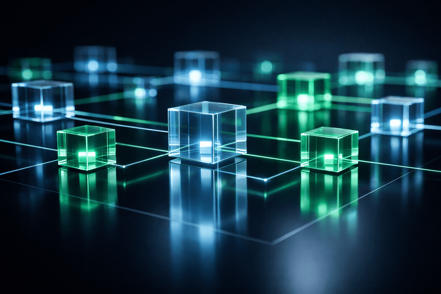 Eine aufgeräumte, futuristische Architektur aus leuchtenden Datenblöcken, die sauberes API Design visualisiert.