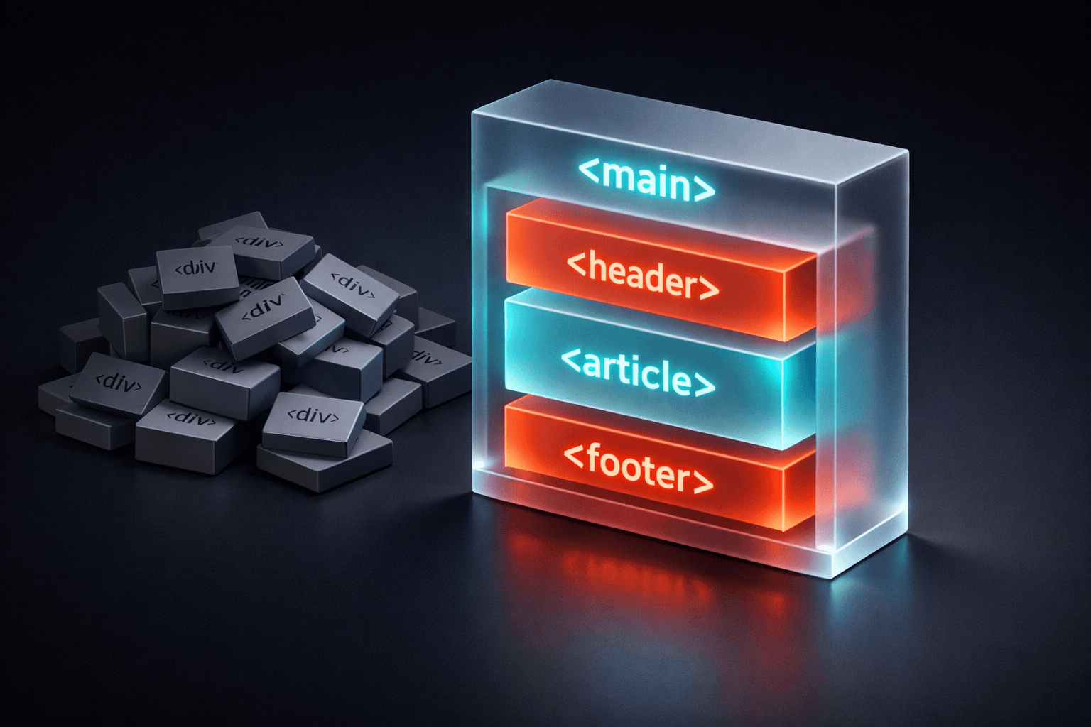 Eine klare, leuchtende Struktur aus HTML5-Tags wie main und article im Vergleich zu einem chaotischen Haufen von Div-Containern.