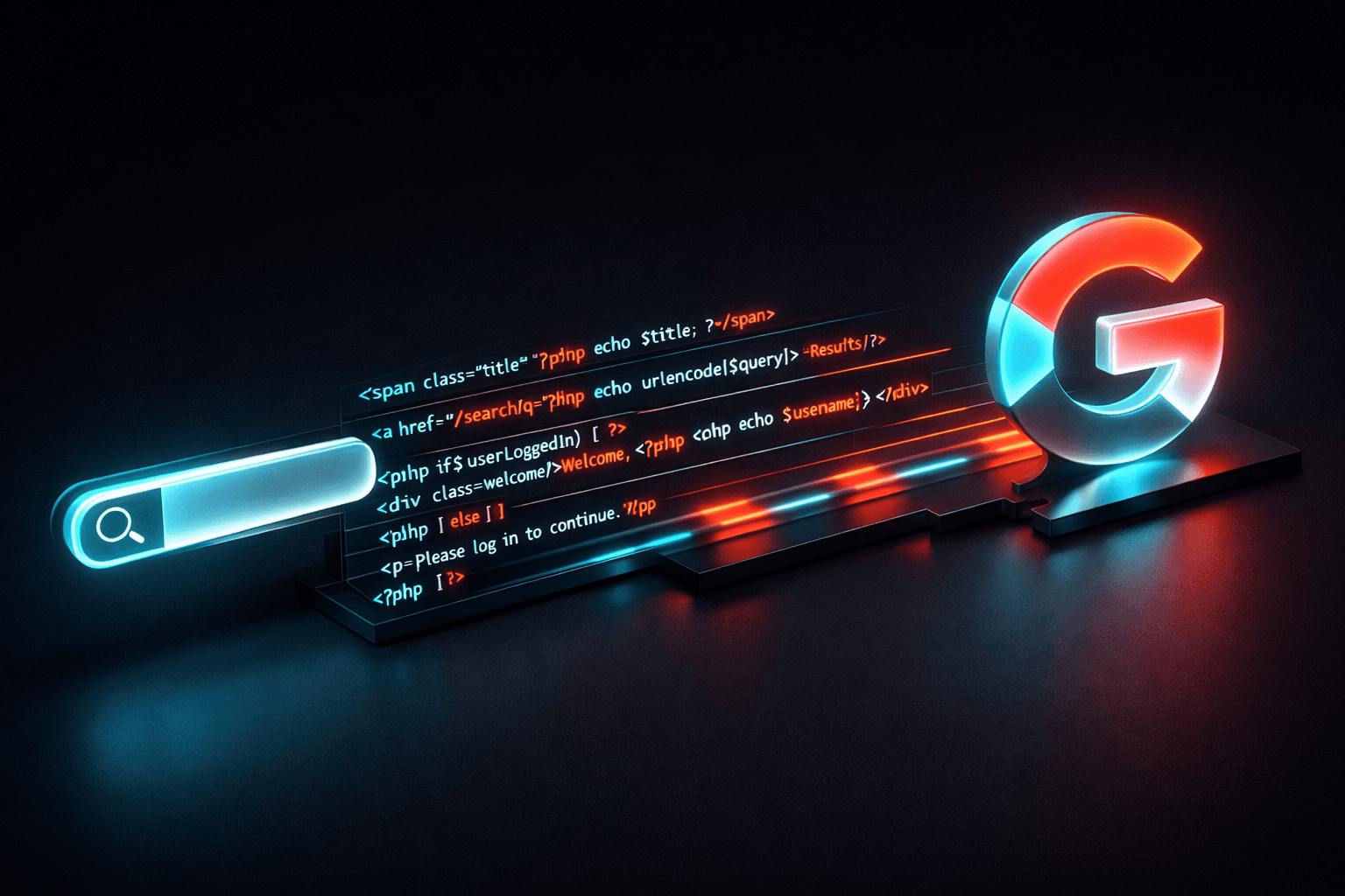3D-Illustration, in der eine Suchleiste und ein Google-Logo direkt mit sauberem Programmcode verschmelzen.