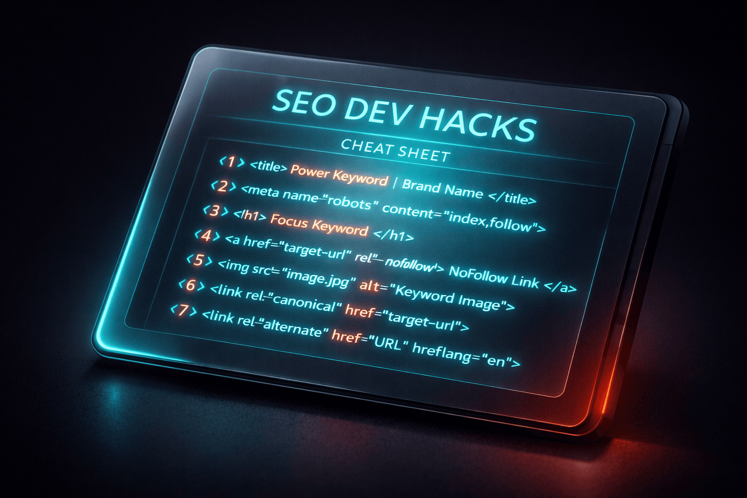 Ein futuristisches holografisches Tablet zeigt eine Liste mit "SEO Dev Hacks" und Code-Snippets als Spickzettel an.