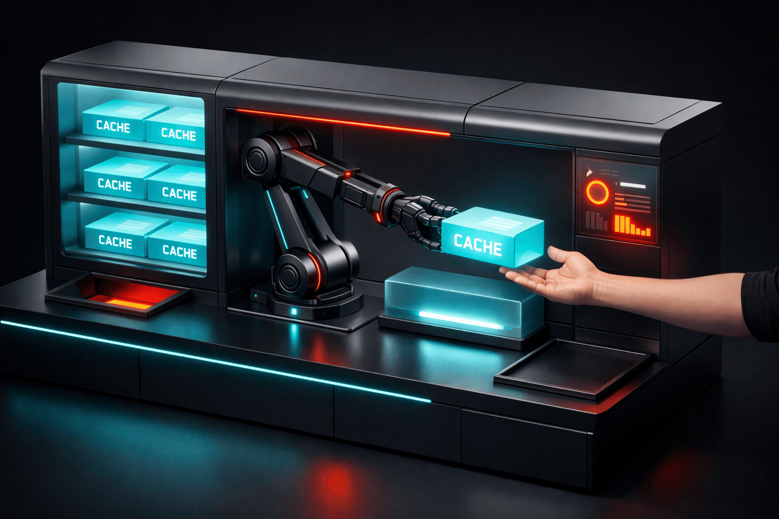 Ein futuristischer Automat gibt fertige, leuchtende Datenpakete (Cache) sofort an den Nutzer aus, ohne Wartezeit.